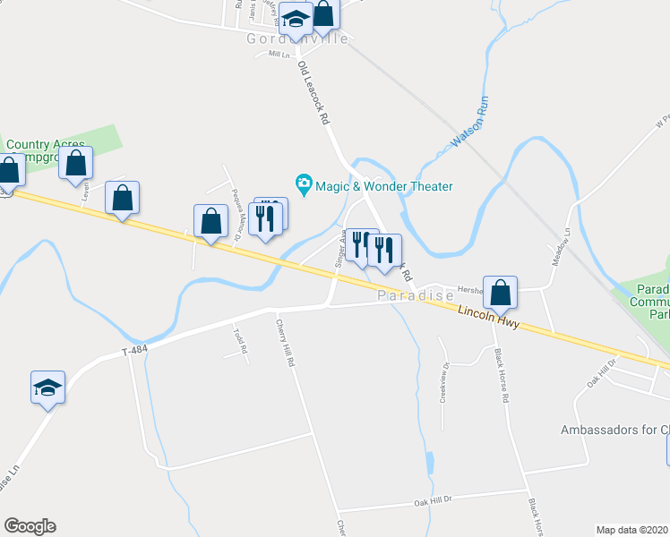 map of restaurants, bars, coffee shops, grocery stores, and more near 3087 Lincoln Highway East in Gordonville