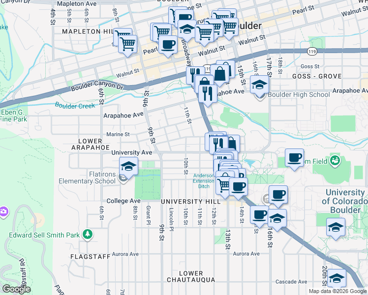 map of restaurants, bars, coffee shops, grocery stores, and more near 966 Grandview Avenue in Boulder