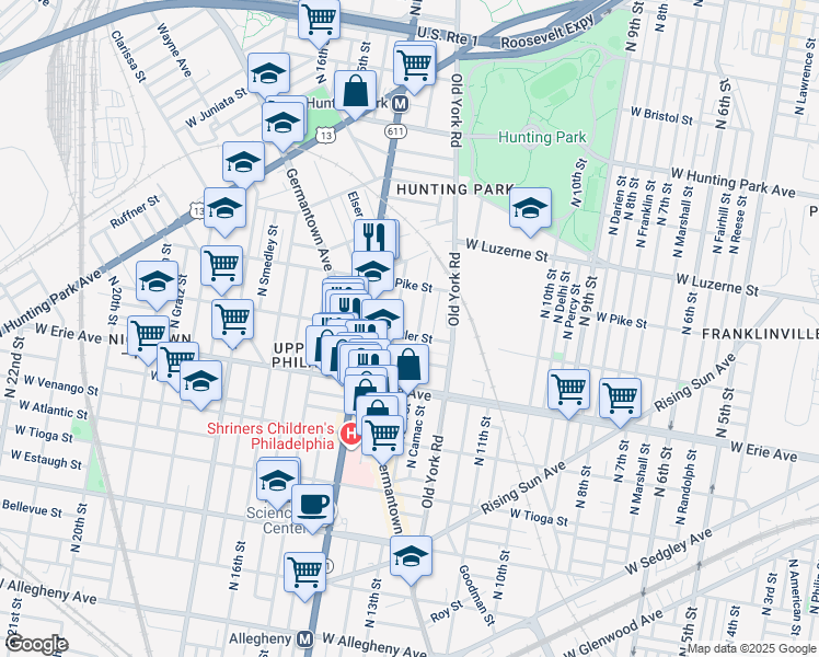 map of restaurants, bars, coffee shops, grocery stores, and more near 1307 West Butler Street in Philadelphia