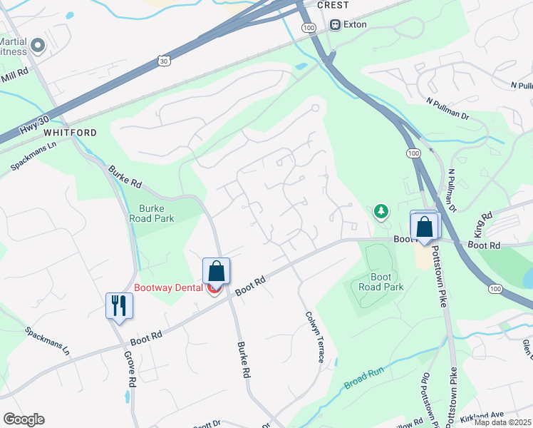 map of restaurants, bars, coffee shops, grocery stores, and more near 212 Brecknock Terrace East in West Chester