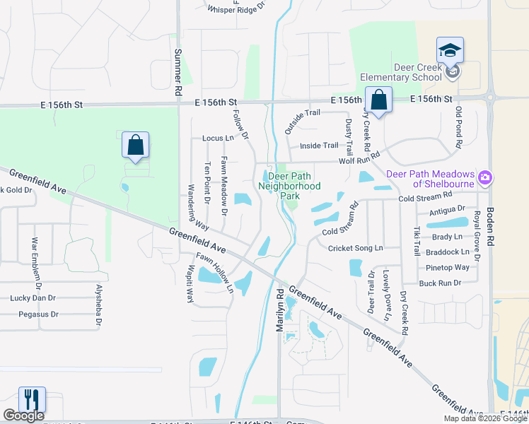 map of restaurants, bars, coffee shops, grocery stores, and more near 15292 Follow Drive in Noblesville