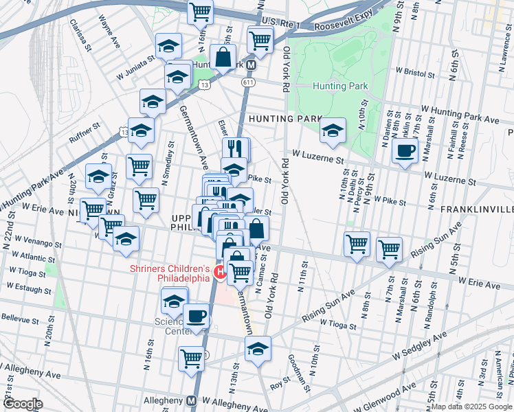 map of restaurants, bars, coffee shops, grocery stores, and more near 1307 West Butler Street in Philadelphia