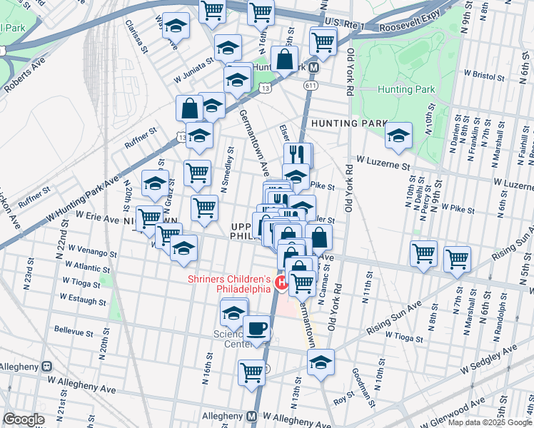 map of restaurants, bars, coffee shops, grocery stores, and more near 1416 W Butler St in Philadelphia