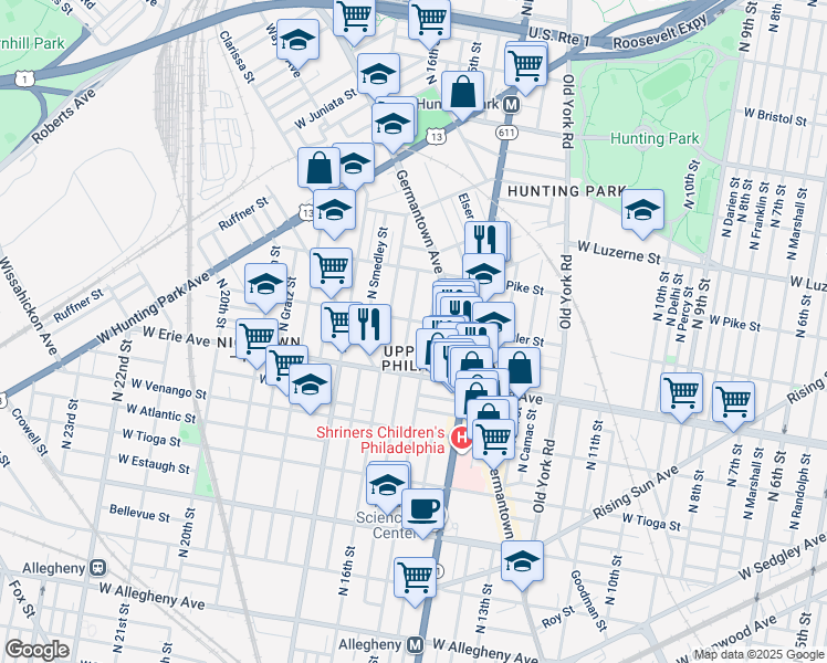 map of restaurants, bars, coffee shops, grocery stores, and more near 3749 North Sydenham Street in Philadelphia