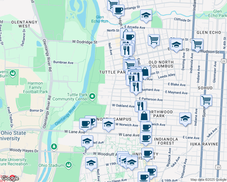 map of restaurants, bars, coffee shops, grocery stores, and more near 2394 Neil Avenue in Columbus