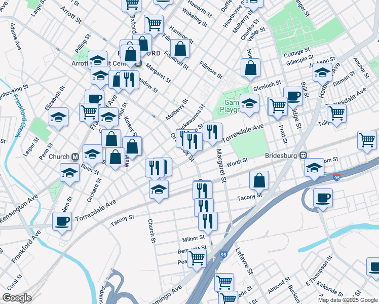 map of restaurants, bars, coffee shops, grocery stores, and more near 2031 Orthodox Street in Philadelphia