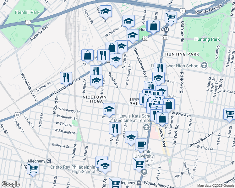 map of restaurants, bars, coffee shops, grocery stores, and more near 3736 North 17th Street in Philadelphia