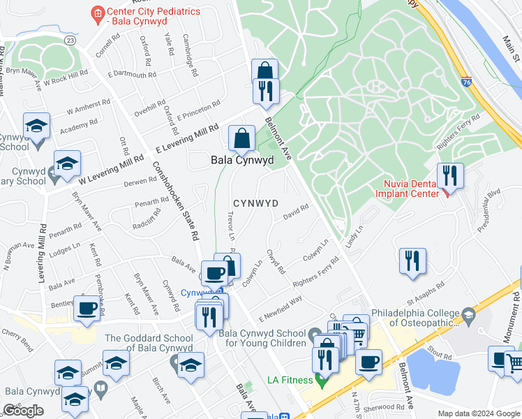 map of restaurants, bars, coffee shops, grocery stores, and more near 333 Llandrillo Road in Bala Cynwyd