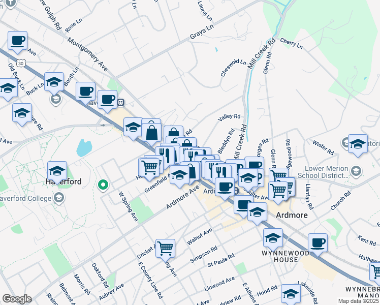 map of restaurants, bars, coffee shops, grocery stores, and more near 104 West Montgomery Avenue in Ardmore
