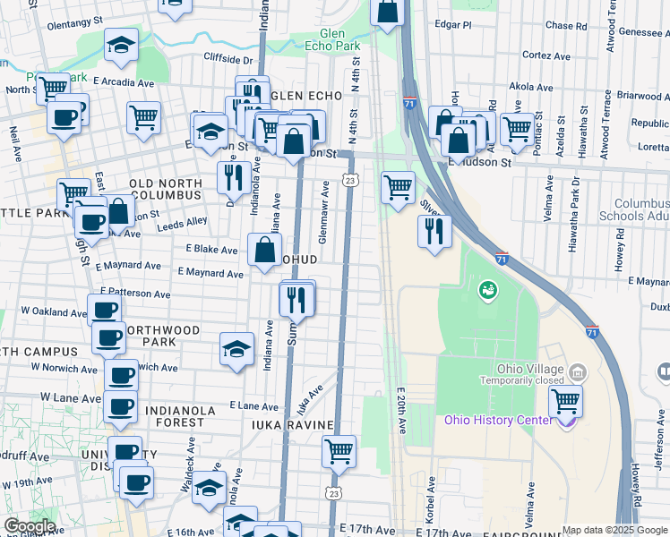 map of restaurants, bars, coffee shops, grocery stores, and more near 2333 North 4th Street in Columbus