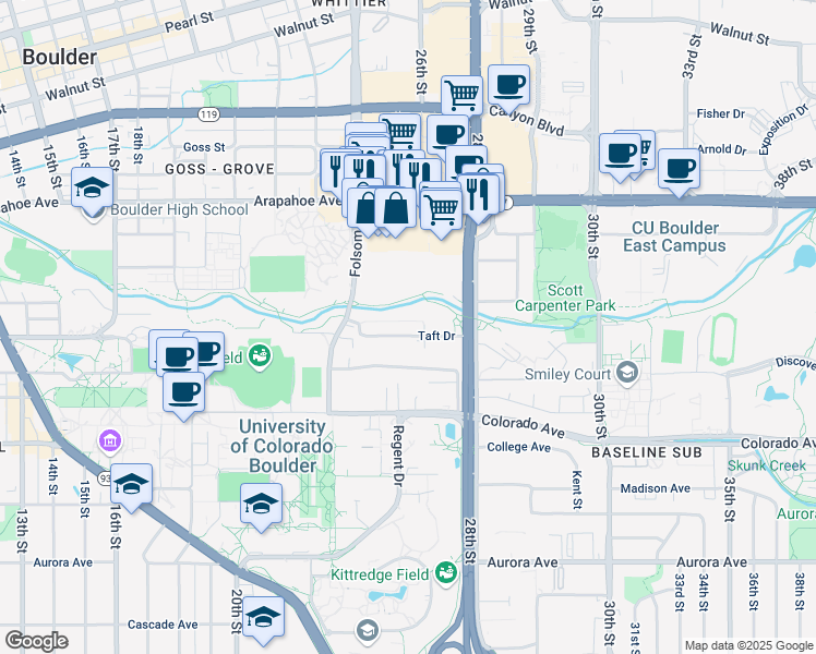 map of restaurants, bars, coffee shops, grocery stores, and more near 2525 Taft Drive in Boulder