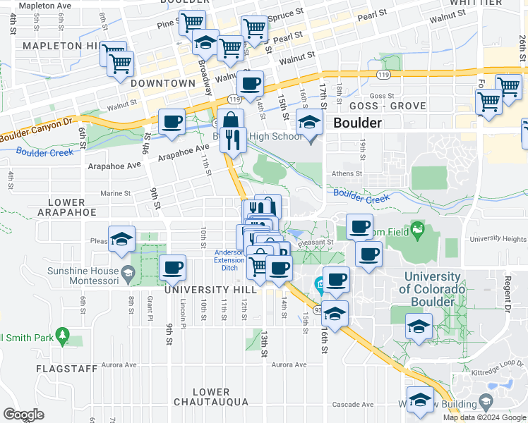 map of restaurants, bars, coffee shops, grocery stores, and more near 1433 University Avenue in Boulder