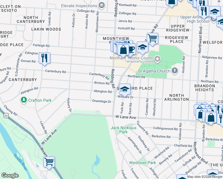 map of restaurants, bars, coffee shops, grocery stores, and more near 2711 Redding Road in Columbus