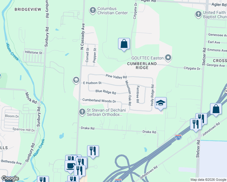 map of restaurants, bars, coffee shops, grocery stores, and more near 3158 Blue Ridge Road in Columbus