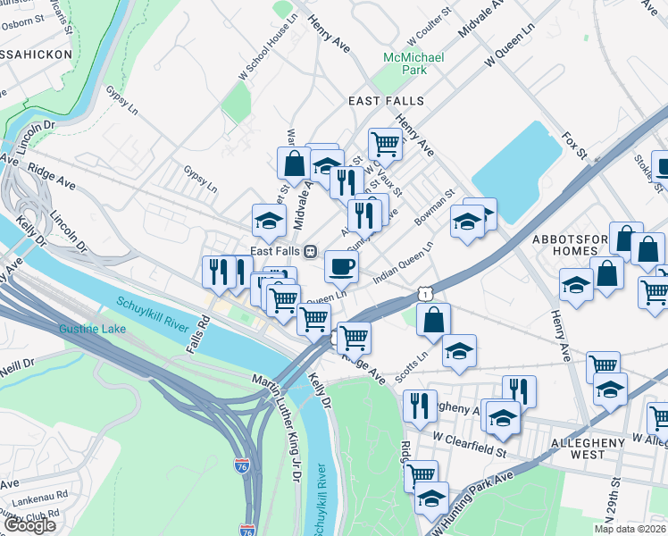 map of restaurants, bars, coffee shops, grocery stores, and more near in Philadelphia