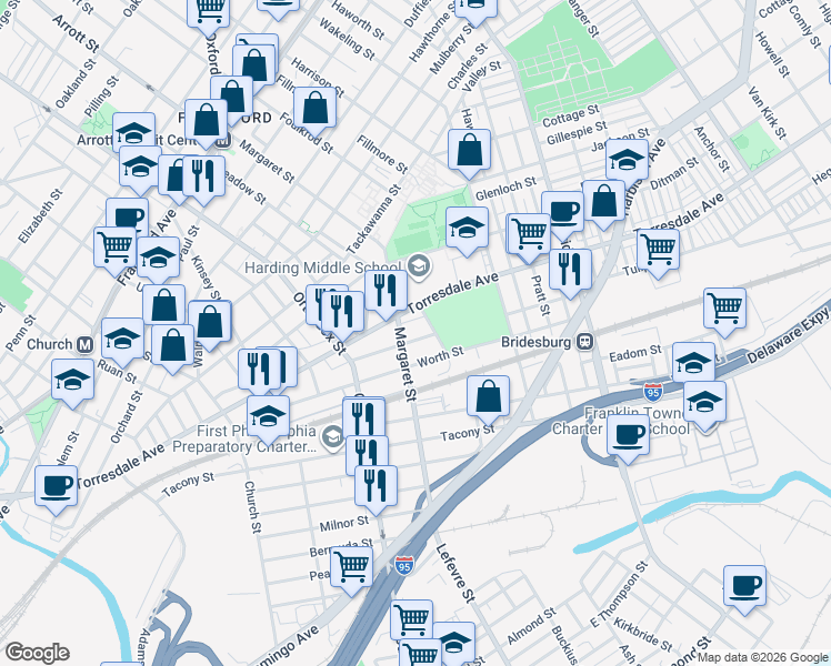 map of restaurants, bars, coffee shops, grocery stores, and more near 4712 Edmund Street in Philadelphia