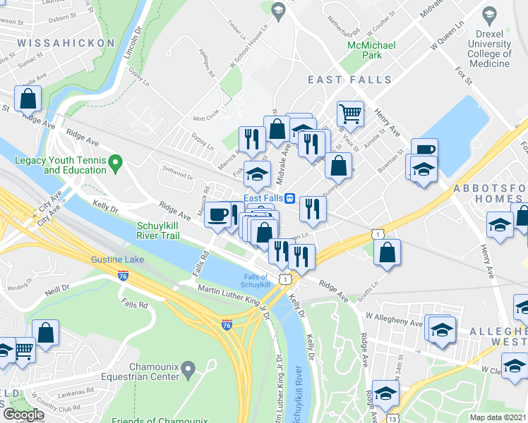 map of restaurants, bars, coffee shops, grocery stores, and more near 3667 Midvale Avenue in Philadelphia