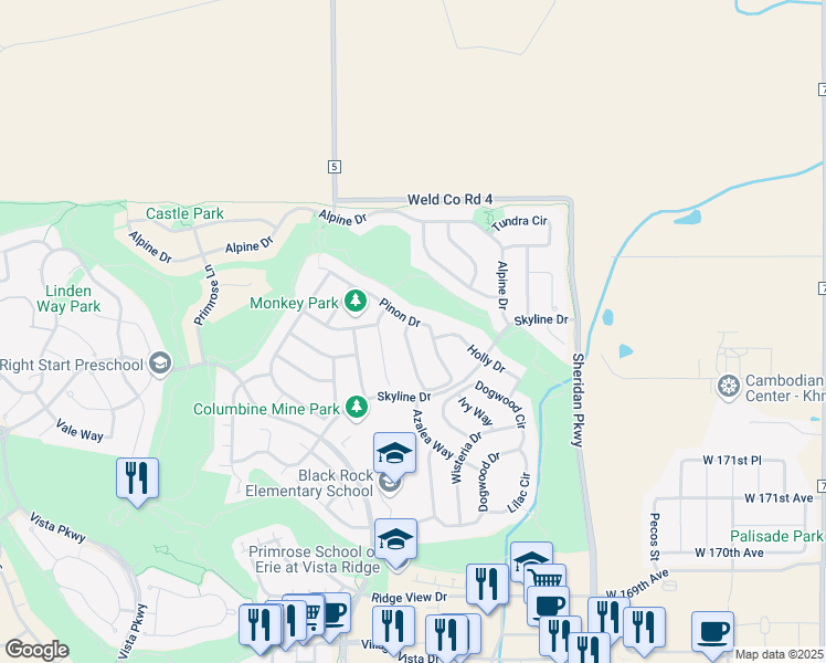 map of restaurants, bars, coffee shops, grocery stores, and more near 2172 Pinon Drive in Erie