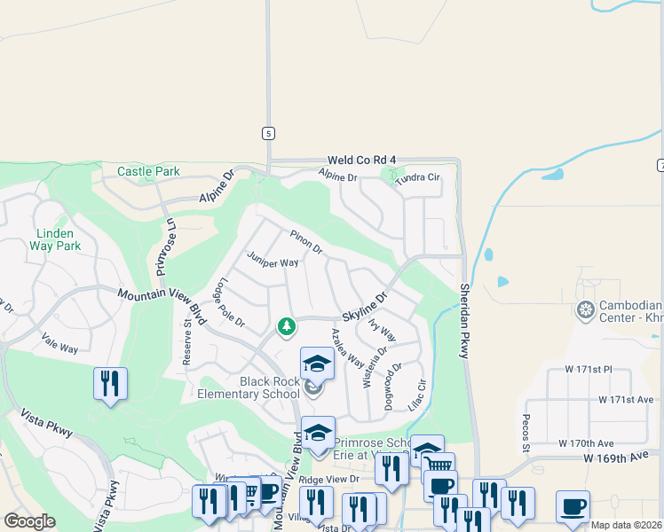 map of restaurants, bars, coffee shops, grocery stores, and more near 2172 Pinon Drive in Erie