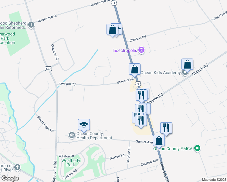 map of restaurants, bars, coffee shops, grocery stores, and more near 64 Stevens Road in Toms River