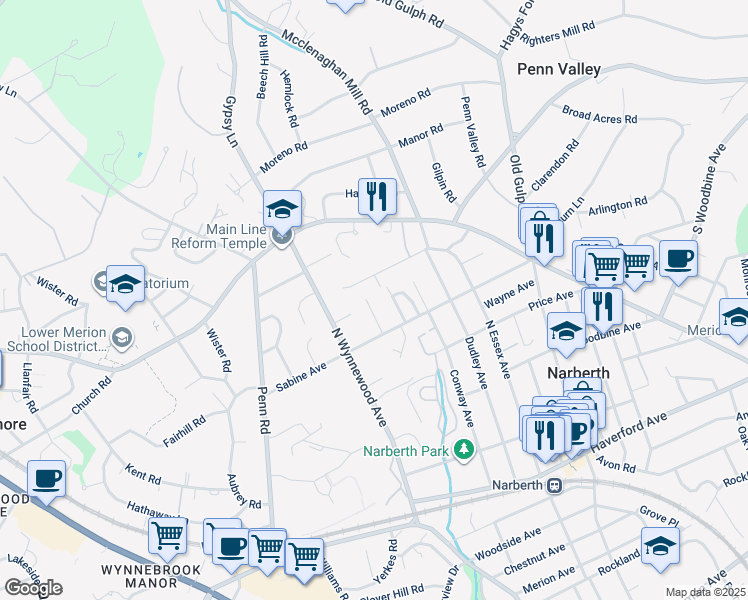 map of restaurants, bars, coffee shops, grocery stores, and more near 523 Homewood Avenue in Narberth