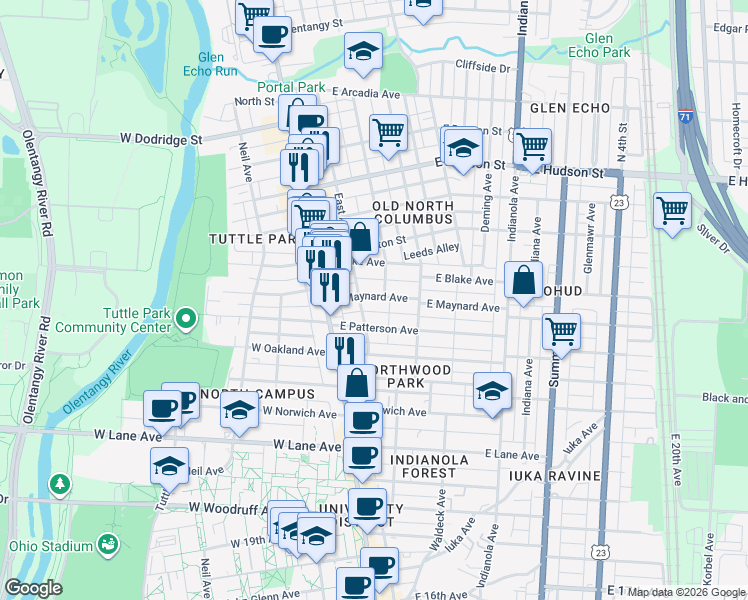 map of restaurants, bars, coffee shops, grocery stores, and more near 63 East Maynard Avenue in Columbus