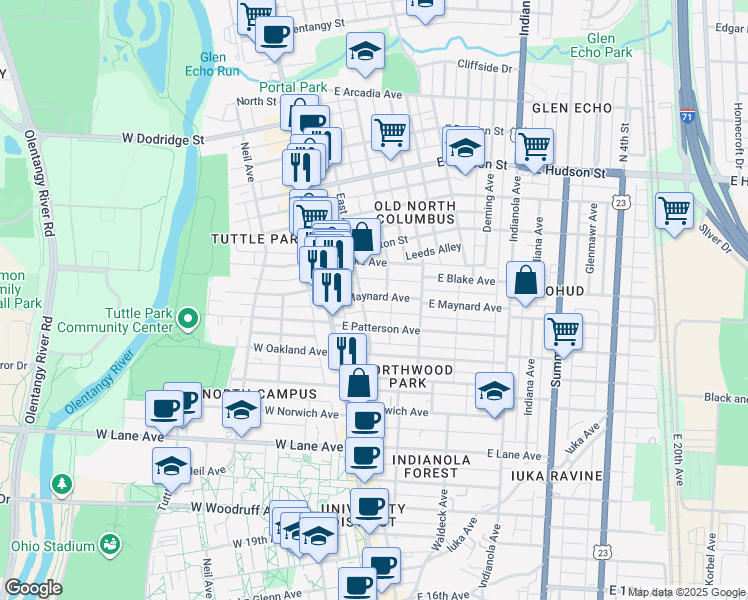map of restaurants, bars, coffee shops, grocery stores, and more near 63 East Maynard Avenue in Columbus