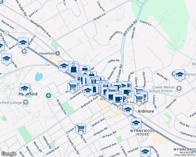 map of restaurants, bars, coffee shops, grocery stores, and more near 100 West Montgomery Avenue in Ardmore