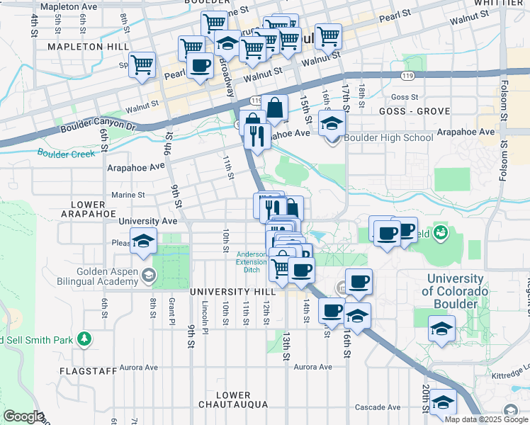 map of restaurants, bars, coffee shops, grocery stores, and more near 1405 Broadway in Boulder