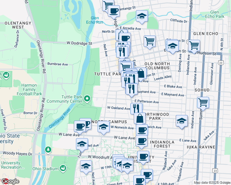 map of restaurants, bars, coffee shops, grocery stores, and more near 2383 Williams Street in Columbus