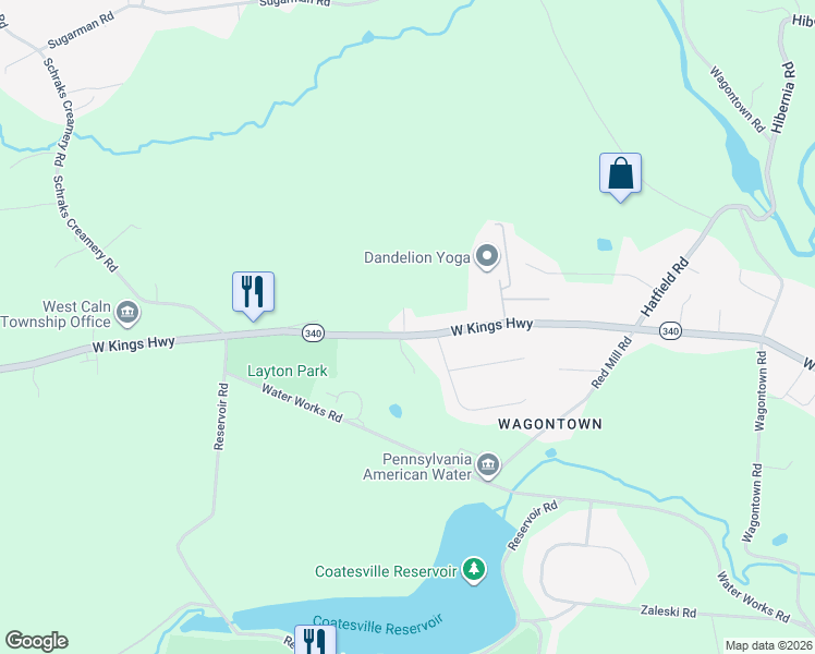 map of restaurants, bars, coffee shops, grocery stores, and more near 613 West Kings Highway in Coatesville