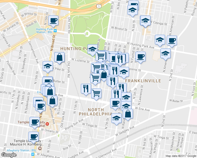 map of restaurants, bars, coffee shops, grocery stores, and more near 3846 North 9th Street in Philadelphia