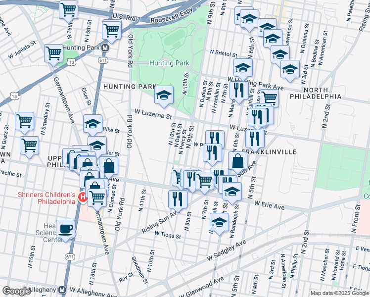 map of restaurants, bars, coffee shops, grocery stores, and more near 3846 North 9th Street in Philadelphia