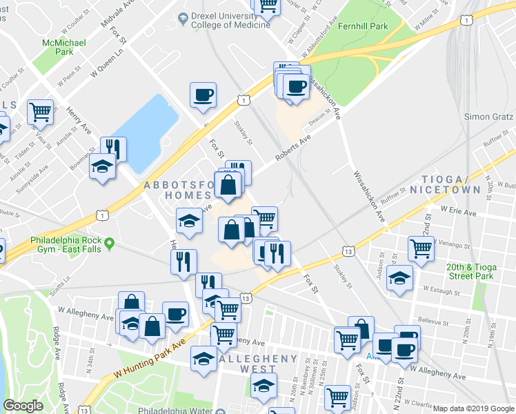 map of restaurants, bars, coffee shops, grocery stores, and more near Fox Street in Philadelphia