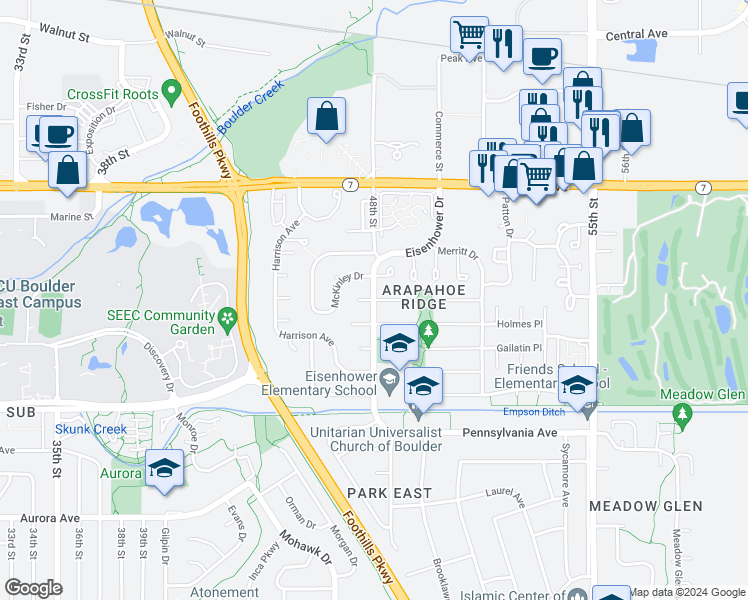map of restaurants, bars, coffee shops, grocery stores, and more near Eisenhower Drive in Boulder