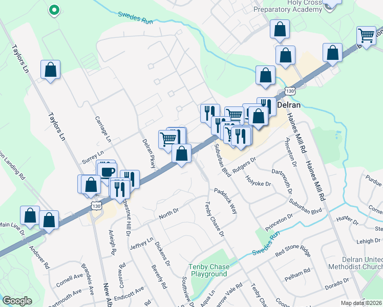 map of restaurants, bars, coffee shops, grocery stores, and more near U.S. 130 & Tenby Chase Drive in Delran
