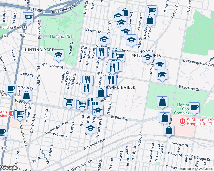 map of restaurants, bars, coffee shops, grocery stores, and more near 3910 North Reese Street in Philadelphia