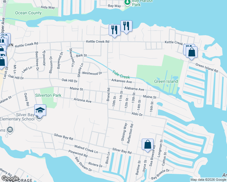 map of restaurants, bars, coffee shops, grocery stores, and more near 90 11th Street in Toms River