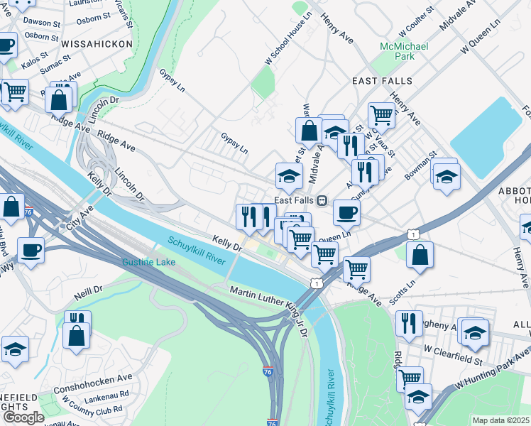 map of restaurants, bars, coffee shops, grocery stores, and more near 3697 Calumet Street in Philadelphia