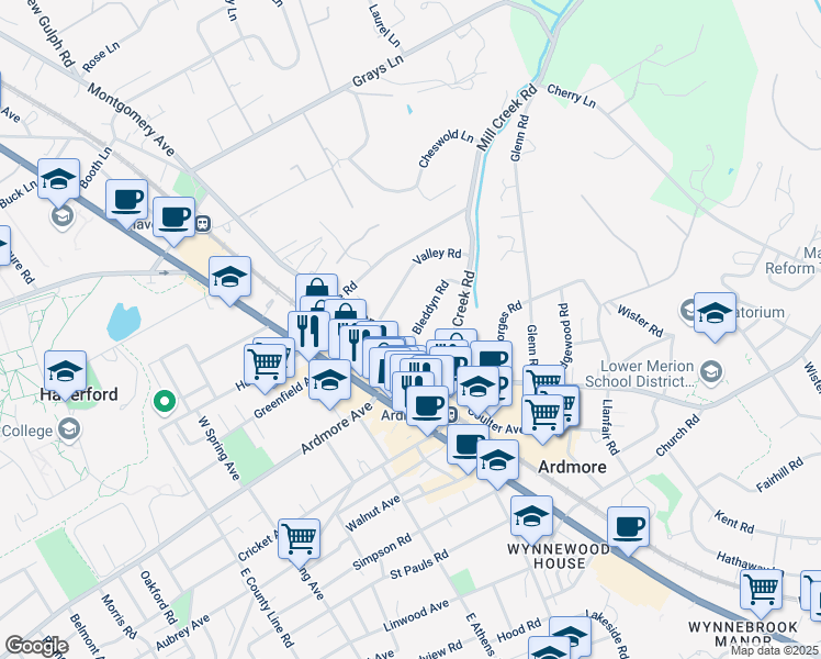 map of restaurants, bars, coffee shops, grocery stores, and more near 101 Valley Road in Ardmore
