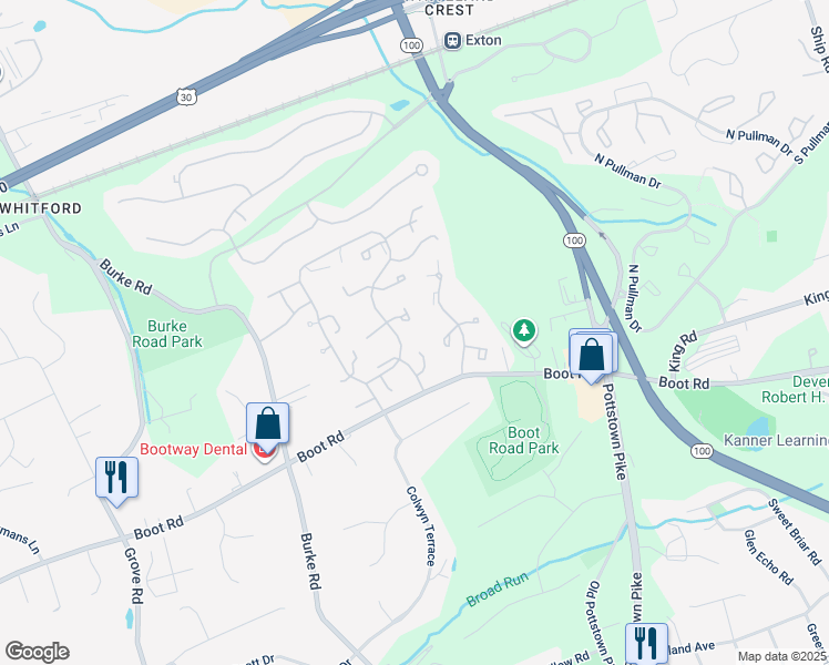 map of restaurants, bars, coffee shops, grocery stores, and more near 452 Cardigan Terrace in West Chester