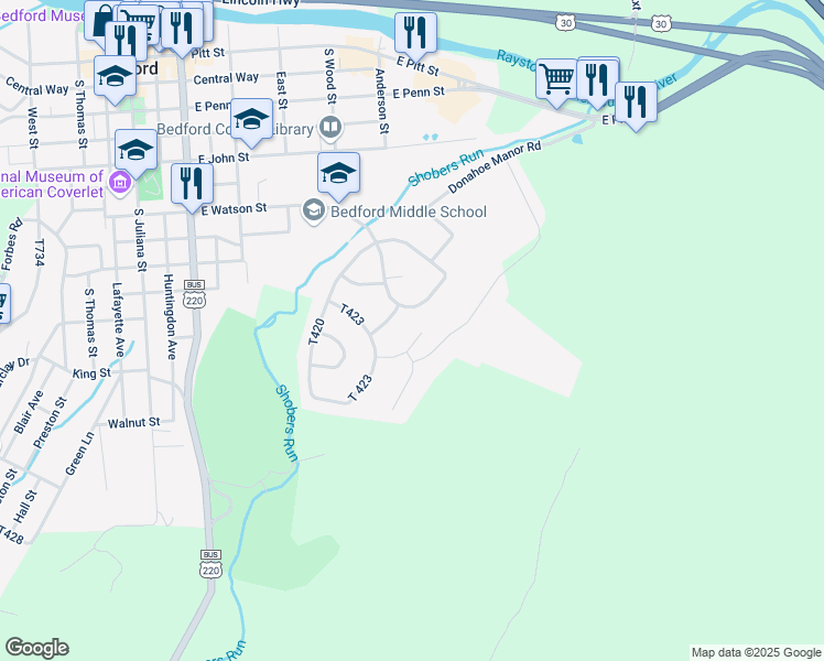 map of restaurants, bars, coffee shops, grocery stores, and more near 157 Vista Avenue in Bedford
