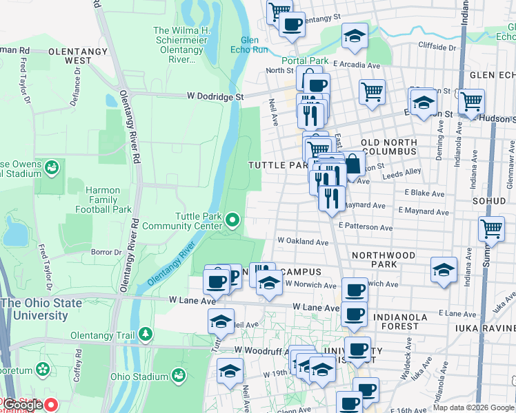 map of restaurants, bars, coffee shops, grocery stores, and more near 161 West Maynard Avenue in Columbus