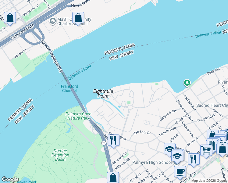 map of restaurants, bars, coffee shops, grocery stores, and more near 5807 Riverfront Drive in Palmyra