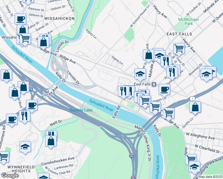 map of restaurants, bars, coffee shops, grocery stores, and more near in Philadelphia