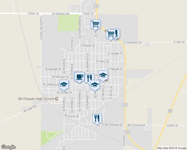 map of restaurants, bars, coffee shops, grocery stores, and more near 204 North Vine Street in Mount Pulaski