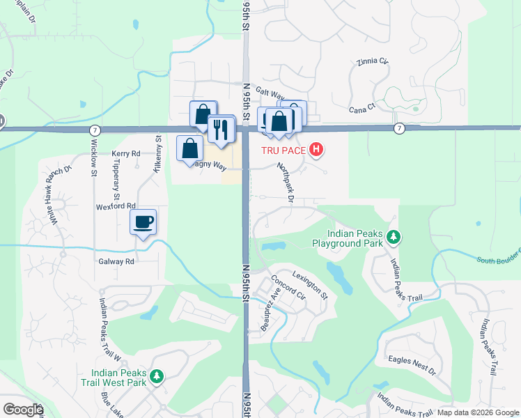 map of restaurants, bars, coffee shops, grocery stores, and more near 2683 Indian Peaks Trail in Lafayette