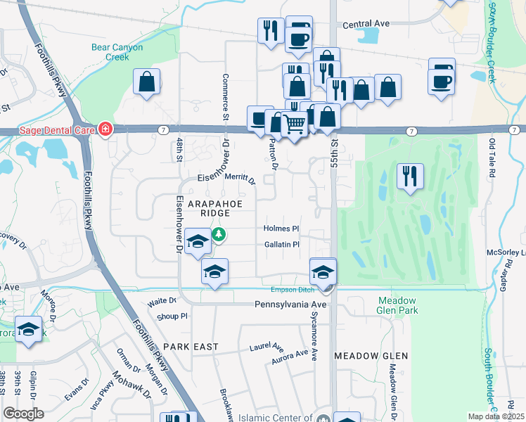 map of restaurants, bars, coffee shops, grocery stores, and more near 5215 Holmes Place in Boulder