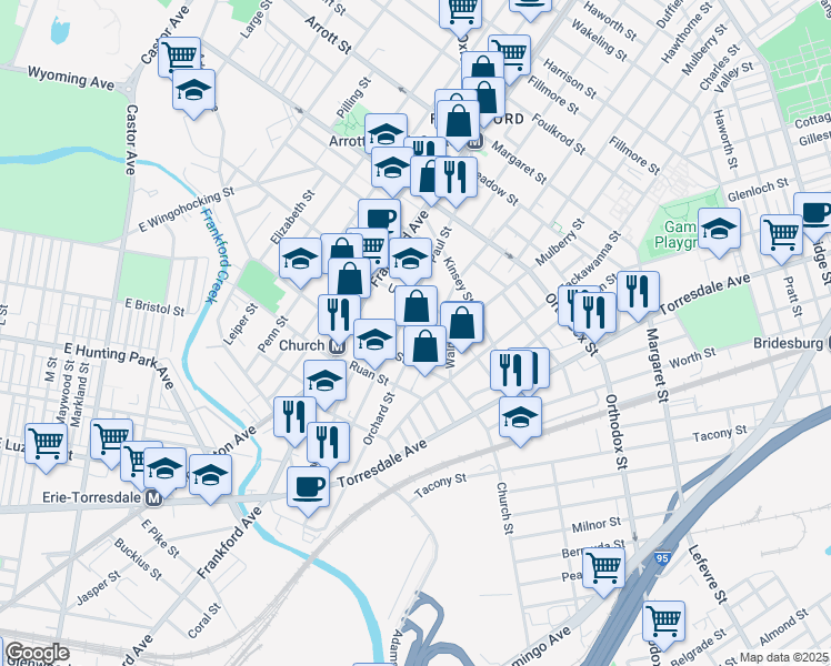 map of restaurants, bars, coffee shops, grocery stores, and more near 4357 Orchard Street in Philadelphia