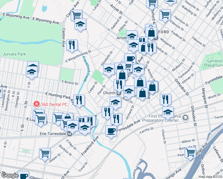 map of restaurants, bars, coffee shops, grocery stores, and more near 4283 Griscom Street in Philadelphia